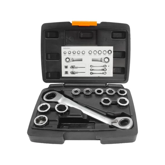 Extol Prémium Racsnis csillag kulcs klt. 11db, cserélhető betétekkel: 8-19mm CrV. 72 foggal, 2 irányú forgás